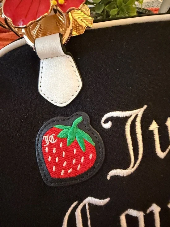 Juicy Couture Black Satchel with White Trim & Strawberry Charm - Picture 14 of 16